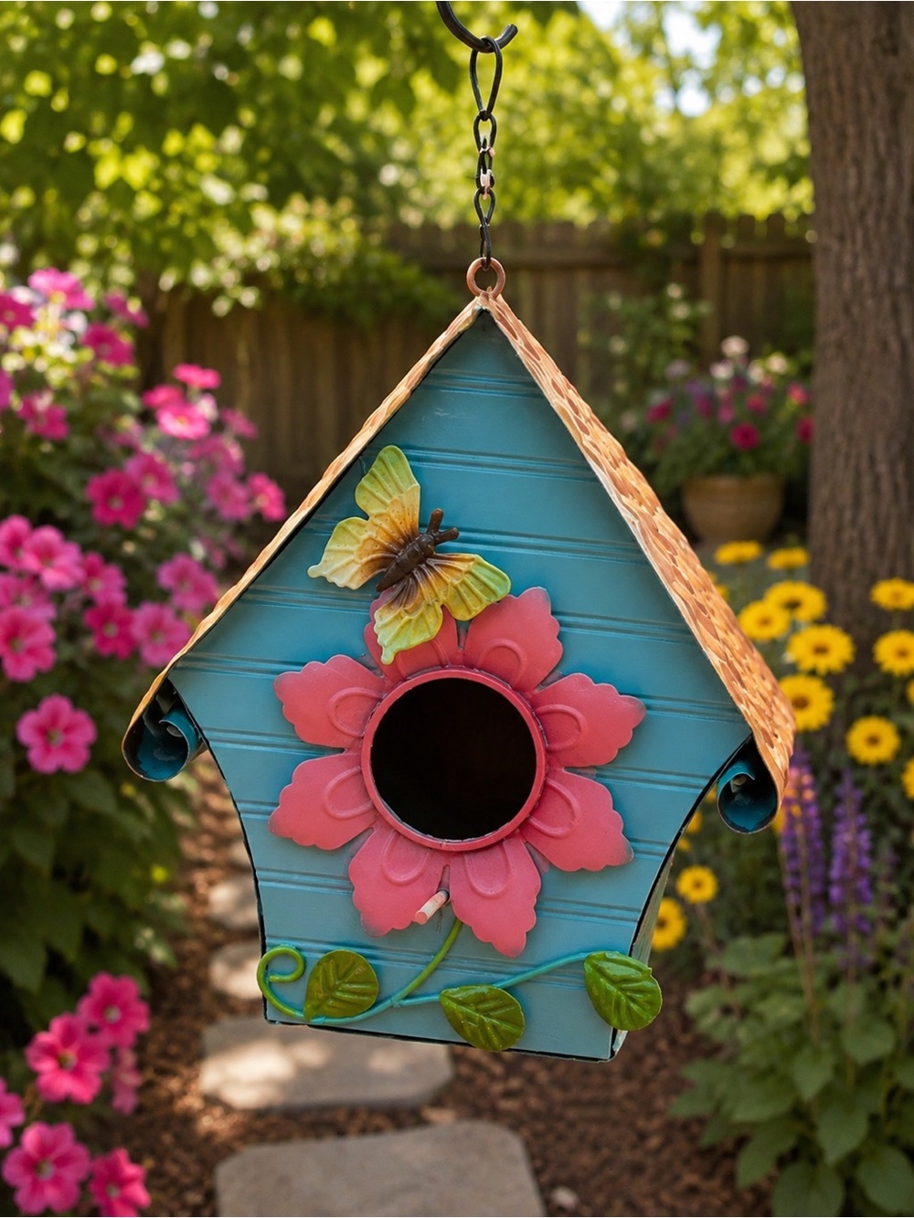 🩷. Blue Floral Birdhouse with Pink Flower Accent